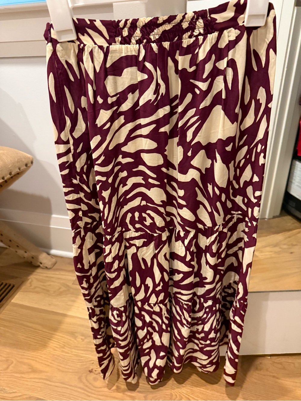 ba&sh Cream and Burgundy Abstract Tiered Maxi Skirt, XS, Nordstrom